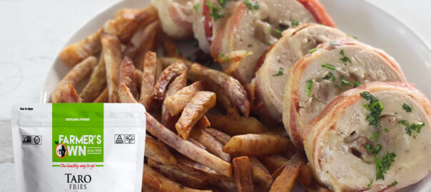 “Mi Cosecha” Taro Root Sticks Stuffed Chicken Wrapped in Bacon